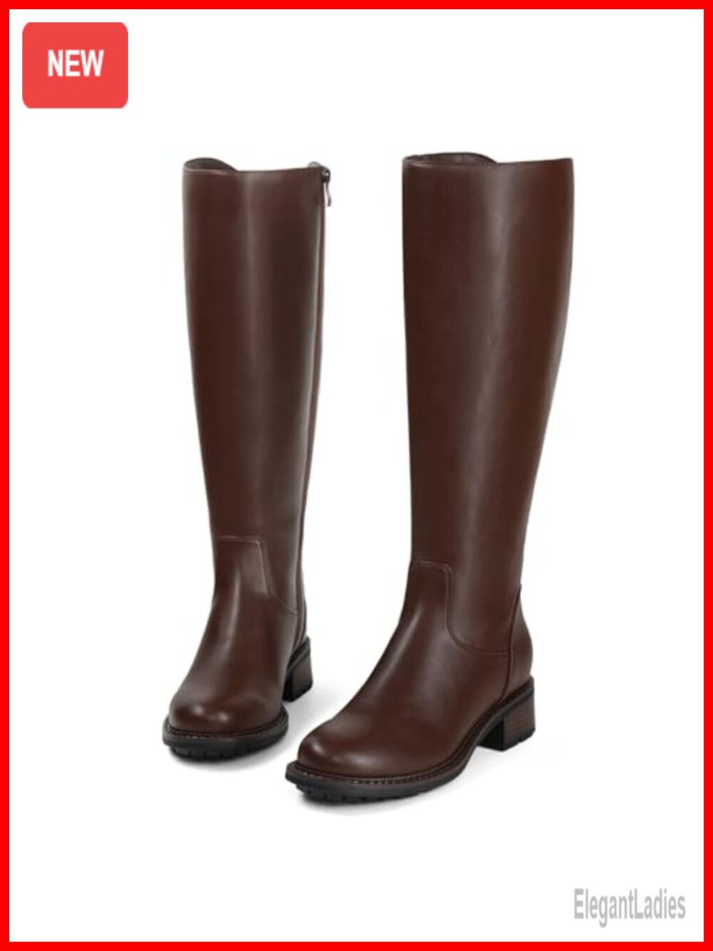 USIMAD Women's Knee High Riding Boots Faux Leather Round Toe Chunky Heel Tall
